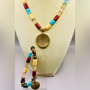 Multicolor Tube Bead Necklace with Floral Medallion and a Matching Bracelet